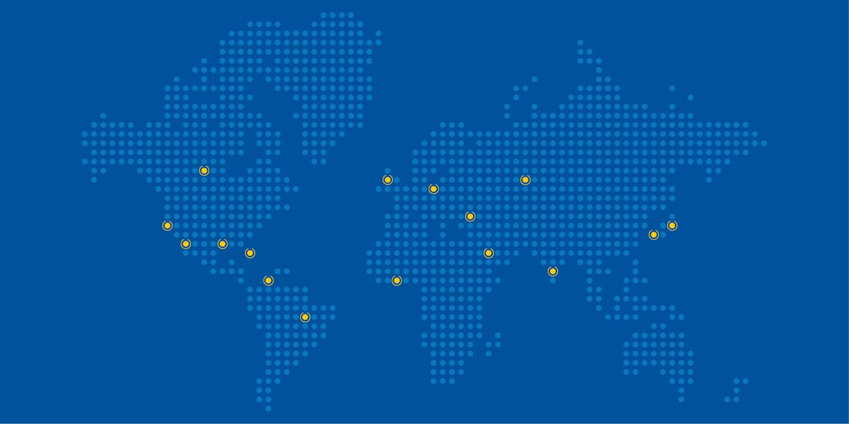 Map of the world depicted in blue with yellow dots to highlight locations