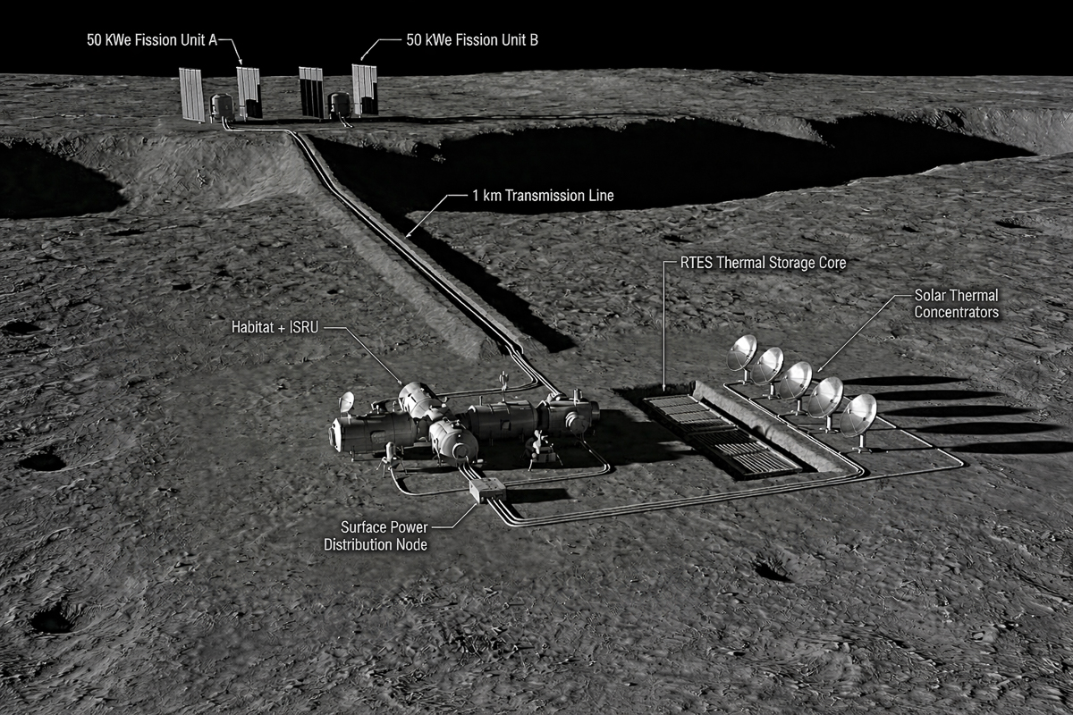 A rendering of a lunar energy system on the surface of the moon