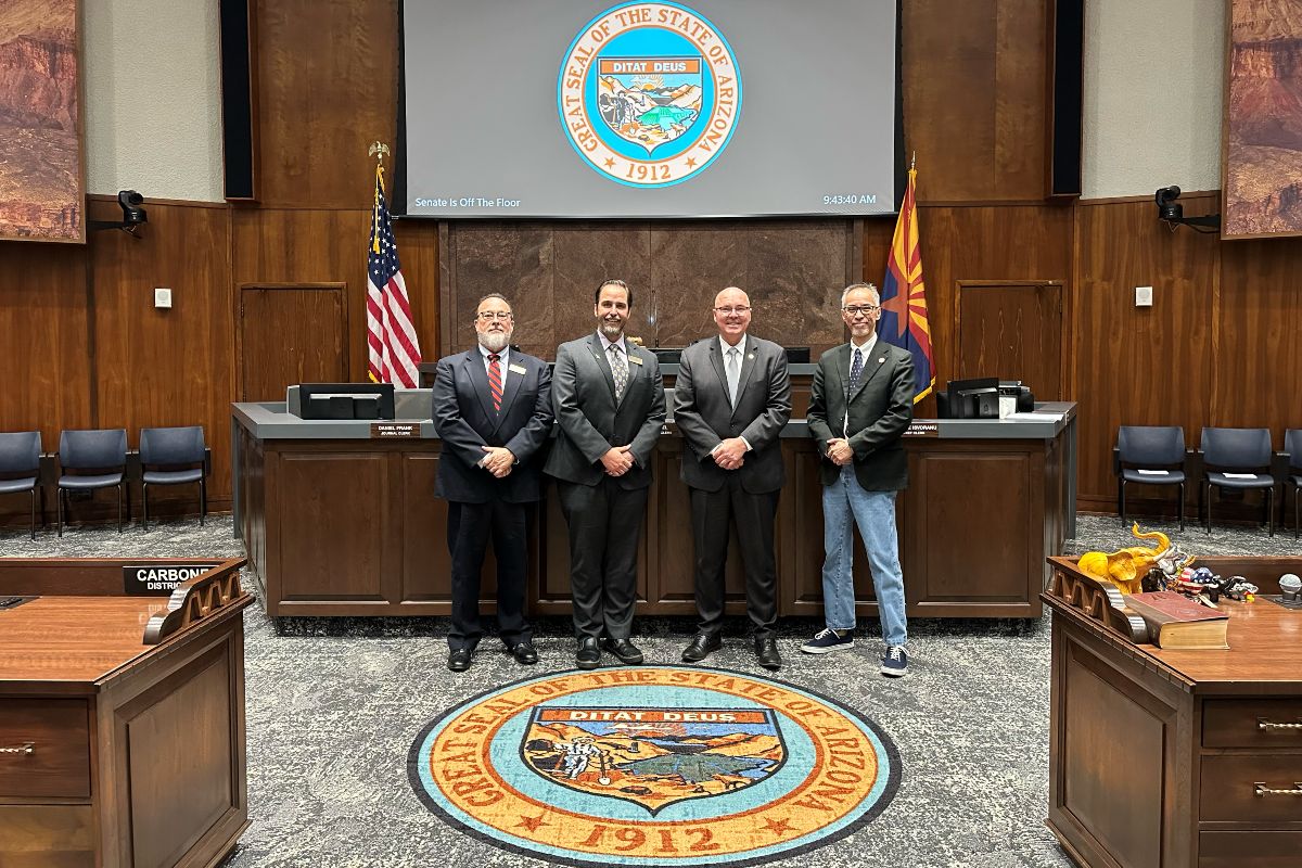 Embry-Riddle Aeronautical University representatives stand with Rep. Quang Nguyen of Legislative District 1, far right, at the Arizona State Capitol on April 14, 2026, where the Arizona Legislature recognized the university’s Centennial. 